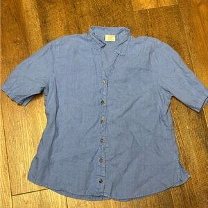 Click Color Me Cotton Top Shirt M Blue 100% Linen Buttons Short Sleeve USA
